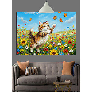 Çiçekler Arasında Kelebek Kovalayan Kedi Dekoratif Kanvas - Mdf Ahşap Tablo 70x100 cm