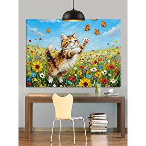 Çiçekler Arasında Kelebek Kovalayan Kedi Dekoratif Kanvas - Mdf Ahşap Tablo 70x100 cm