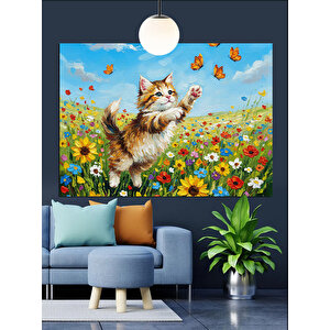 Çiçekler Arasında Kelebek Kovalayan Kedi Dekoratif Kanvas - Mdf Ahşap Tablo 70x100 cm
