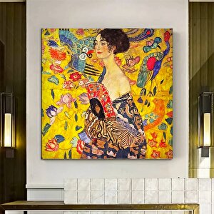 Gustav Klimt Kanvas; Yelpazeli Kadın Portresi Reprodüksiyonu; Ventaglio Sanatı 120x120 cm