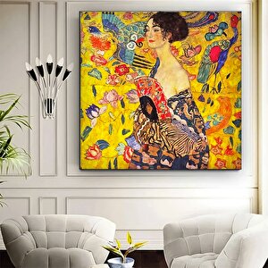 Gustav Klimt Kanvas; Yelpazeli Kadın Portresi Reprodüksiyonu; Ventaglio Sanatı 120x120 cm