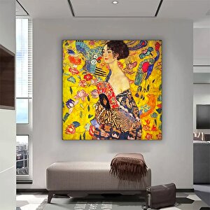 Gustav Klimt Kanvas; Yelpazeli Kadın Portresi Reprodüksiyonu; Ventaglio Sanatı 120x120 cm