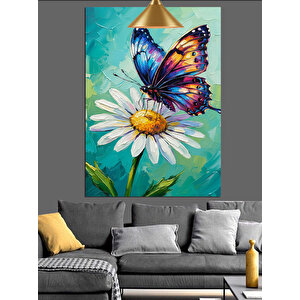 Papatya Üzerinde Kelebek Dekoratif Kanvas - Mdf Ahşap Tablo 70x100 cm