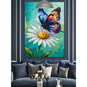 Papatya Üzerinde Kelebek Dekoratif Kanvas - Mdf Ahşap Tablo 70x100 cm