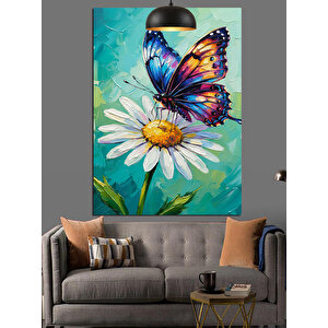 Papatya Üzerinde Kelebek Dekoratif Kanvas - Mdf Ahşap Tablo 70x100 cm