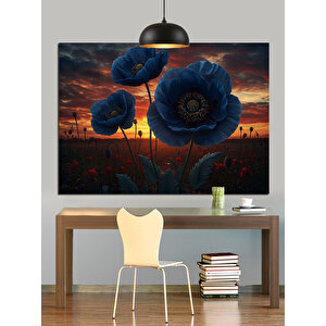 Koyu Mavi Haşhaş Çiçekleri Dekoratif Kanvas - Mdf Ahşap Tablo 70x100 cm
