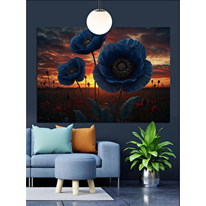 Koyu Mavi Haşhaş Çiçekleri Dekoratif Kanvas - Mdf Ahşap Tablo 70x100 cm