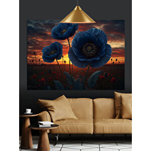 Koyu Mavi Haşhaş Çiçekleri Dekoratif Kanvas - Mdf Ahşap Tablo 70x100 cm