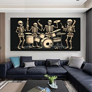 İskelet Orkestrası Kanvas Tablosu; Davul Ve Çalgılarla Sürreal Baskı 140x200 cm