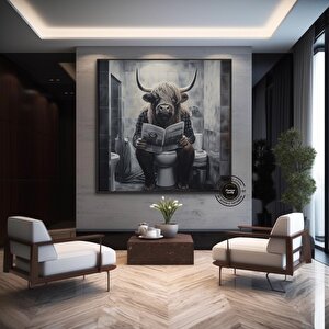 Çok Renkli Kanvas Baskı, Tuvalette Kitap Okuyan Yayla İneği, Komik Banyo Duvar Dekoru 40x40 cm