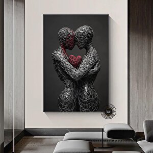 Sarılmış Çift Kanvas Tablosu – 3d Görünümlü Aşk Temalı Duvar Sanatı; Kırmızı Kalp Tablosu; Aşıklar P 120x180 cm