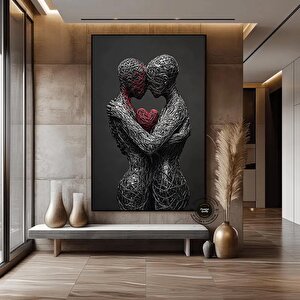 Sarılmış Çift Kanvas Tablosu – 3d Görünümlü Aşk Temalı Duvar Sanatı; Kırmızı Kalp Tablosu; Aşıklar P 120x180 cm