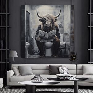 Çok Renkli Kanvas Baskı, Tuvalette Kitap Okuyan Yayla İneği, Komik Banyo Duvar Dekoru 30x30 cm