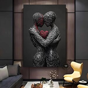 Sarılmış Çift Kanvas Tablosu – 3d Görünümlü Aşk Temalı Duvar Sanatı; Kırmızı Kalp Tablosu; Aşıklar P