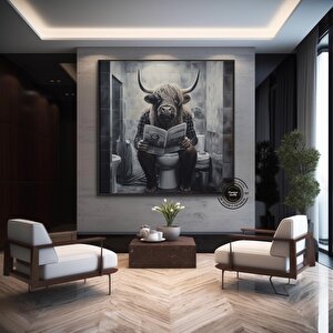 Çok Renkli Kanvas Baskı, Tuvalette Kitap Okuyan Yayla İneği, Komik Banyo Duvar Dekoru 70x70 cm