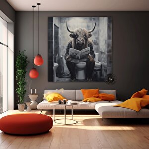 Çok Renkli Kanvas Baskı, Tuvalette Kitap Okuyan Yayla İneği, Komik Banyo Duvar Dekoru