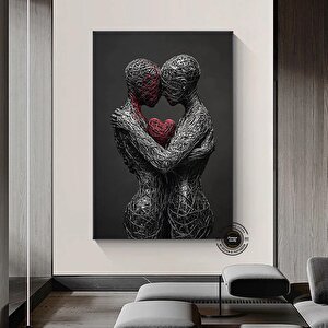 Sarılmış Çift Kanvas Tablosu – 3d Görünümlü Aşk Temalı Duvar Sanatı; Kırmızı Kalp Tablosu; Aşıklar P 20x30 cm