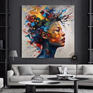 Fütüristik Suluboya Kadın Portresi, Renkli Saçlı Yüz Tablosu, Soyut Duvar Dekoru, Trend Poster 40x40 cm