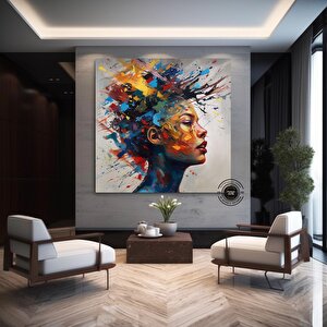 Fütüristik Suluboya Kadın Portresi, Renkli Saçlı Yüz Tablosu, Soyut Duvar Dekoru, Trend Poster 40x40 cm