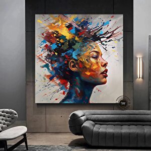 Fütüristik Suluboya Kadın Portresi, Renkli Saçlı Yüz Tablosu, Soyut Duvar Dekoru, Trend Poster 120x120 cm