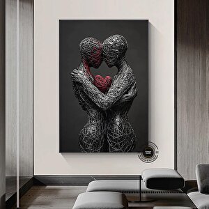 Sarılmış Çift Kanvas Tablosu – 3d Görünümlü Aşk Temalı Duvar Sanatı; Kırmızı Kalp Tablosu; Aşıklar P 140x200 cm