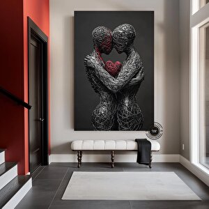 Sarılmış Çift Kanvas Tablosu – 3d Görünümlü Aşk Temalı Duvar Sanatı; Kırmızı Kalp Tablosu; Aşıklar P 140x200 cm