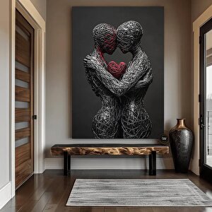 Sarılmış Çift Kanvas Tablosu – 3d Görünümlü Aşk Temalı Duvar Sanatı; Kırmızı Kalp Tablosu; Aşıklar P