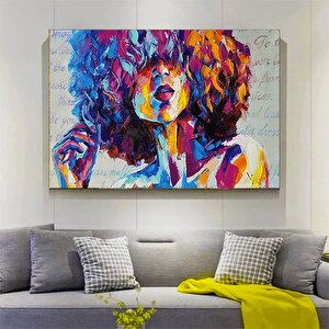 Uzun Saçlı Düşünen Kadın Kanvas Baskı, Renkli Kadın Portresi Kanvas Baskısı, Yılbaşı Hediyesi 50x70 cm