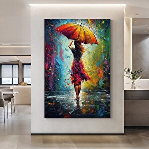 Şemsiye Tutan Kadın Soyut Kanvası, Renkli Duvar Tablosu