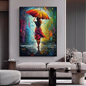 Şemsiye Tutan Kadın Soyut Kanvası, Renkli Duvar Tablosu