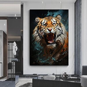 Vahşi Kaplan Kanvas Tablosu, Renkli Canlı Yağlıboya Tarzı, Bengal Kaplan Portresi 80x120 cm