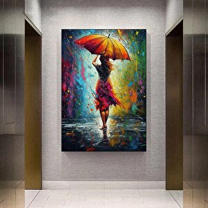 Şemsiye Tutan Kadın Soyut Kanvası, Renkli Duvar Tablosu 50x70 cm