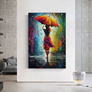 Şemsiye Tutan Kadın Soyut Kanvası, Renkli Duvar Tablosu