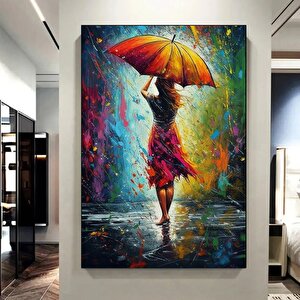 Şemsiye Tutan Kadın Soyut Kanvası, Renkli Duvar Tablosu 20x30 cm