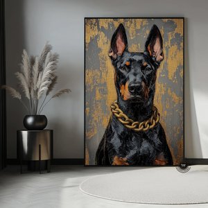 Altın Zincirli Doberman Yağlıboya Portresi, Lüks Tarz Kanvas Sanat 140x200 cm