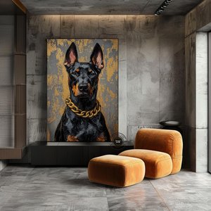 Altın Zincirli Doberman Yağlıboya Portresi, Lüks Tarz Kanvas Sanat 140x200 cm