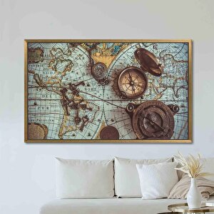 Pusula Kanvas Tablo, Vintage Harita Kanvası, Antik Dünya Haritası Dekoru 80x120 cm