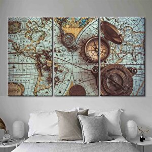 Pusula Kanvas Tablo, Vintage Harita Kanvası, Antik Dünya Haritası Dekoru 80x120 cm