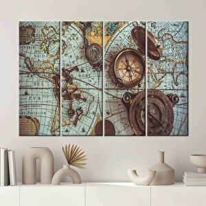 Pusula Kanvas Tablo, Vintage Harita Kanvası, Antik Dünya Haritası Dekoru 80x120 cm