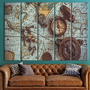 Pusula Kanvas Tablo, Vintage Harita Kanvası, Antik Dünya Haritası Dekoru