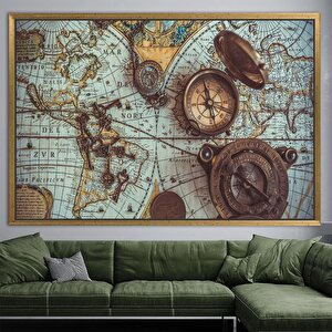 Pusula Kanvas Tablo, Vintage Harita Kanvası, Antik Dünya Haritası Dekoru