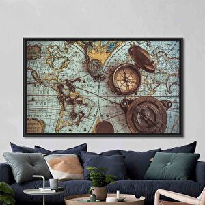 Pusula Kanvas Tablo, Vintage Harita Kanvası, Antik Dünya Haritası Dekoru
