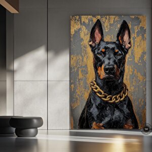 Altın Zincirli Doberman Yağlıboya Portresi, Lüks Tarz Kanvas Sanat