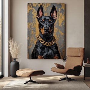 Altın Zincirli Doberman Yağlıboya Portresi, Lüks Tarz Kanvas Sanat