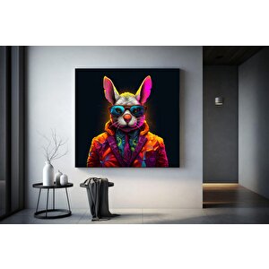Renkli Tavşan Tablosu, Takım Elbiseli Gözlüklü Sevimli Tavşan Duvar Sanatı
