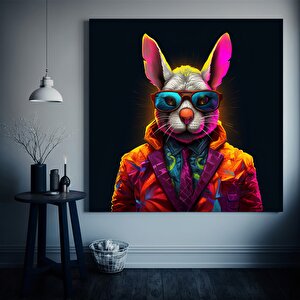 Renkli Tavşan Tablosu, Takım Elbiseli Gözlüklü Sevimli Tavşan Duvar Sanatı 80x80 cm