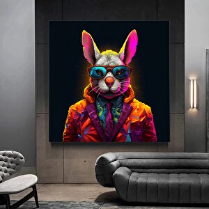 Renkli Tavşan Tablosu, Takım Elbiseli Gözlüklü Sevimli Tavşan Duvar Sanatı 50x50 cm