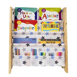 Doğal Ahşap Montessori Çocuk Kitaplığı Mavi Kumaşlı