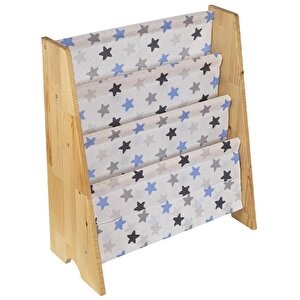 Doğal Ahşap Montessori Çocuk Kitaplığı Mavi Kumaşlı