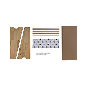 Doğal Ahşap Montessori Çocuk Kitaplığı Mavi Kumaşlı